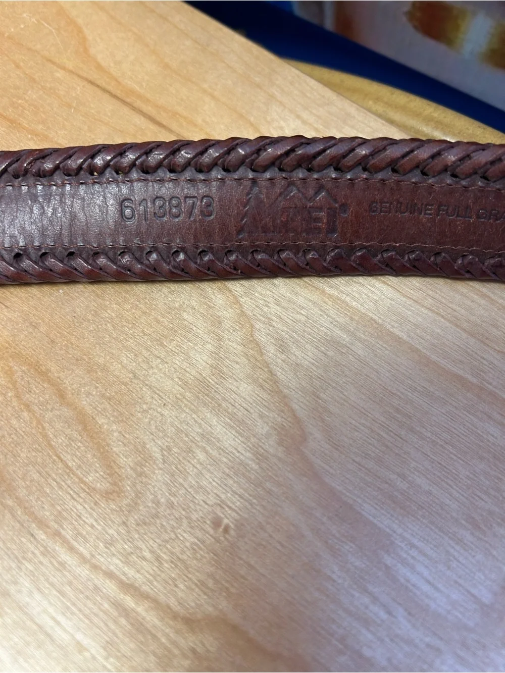 REI Size 30 Brown Full Grain Leather Belt With Padded Plaid Canvas Brass Buckle
